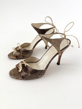 GUCCI | Vintage Snakeskin Bow Ankle Tie Stiletto Sandal Heels Brown Size 8.5B